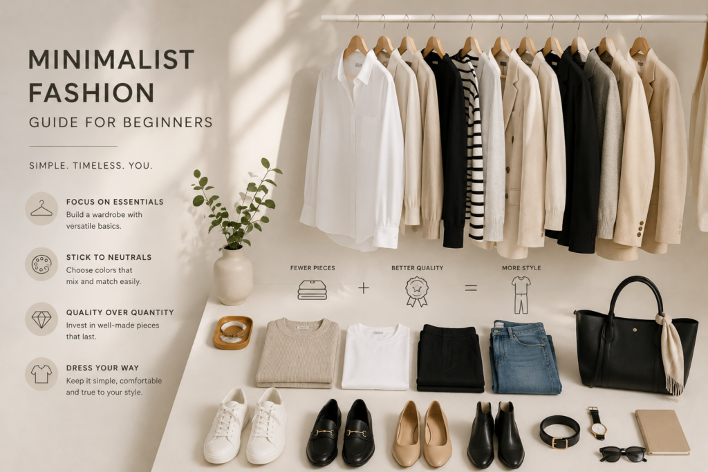 Minimalist fashion wardrobe featuring neutral clothing, timeless essentials, and classic accessories for beginners building a stylish capsule wardrobe.