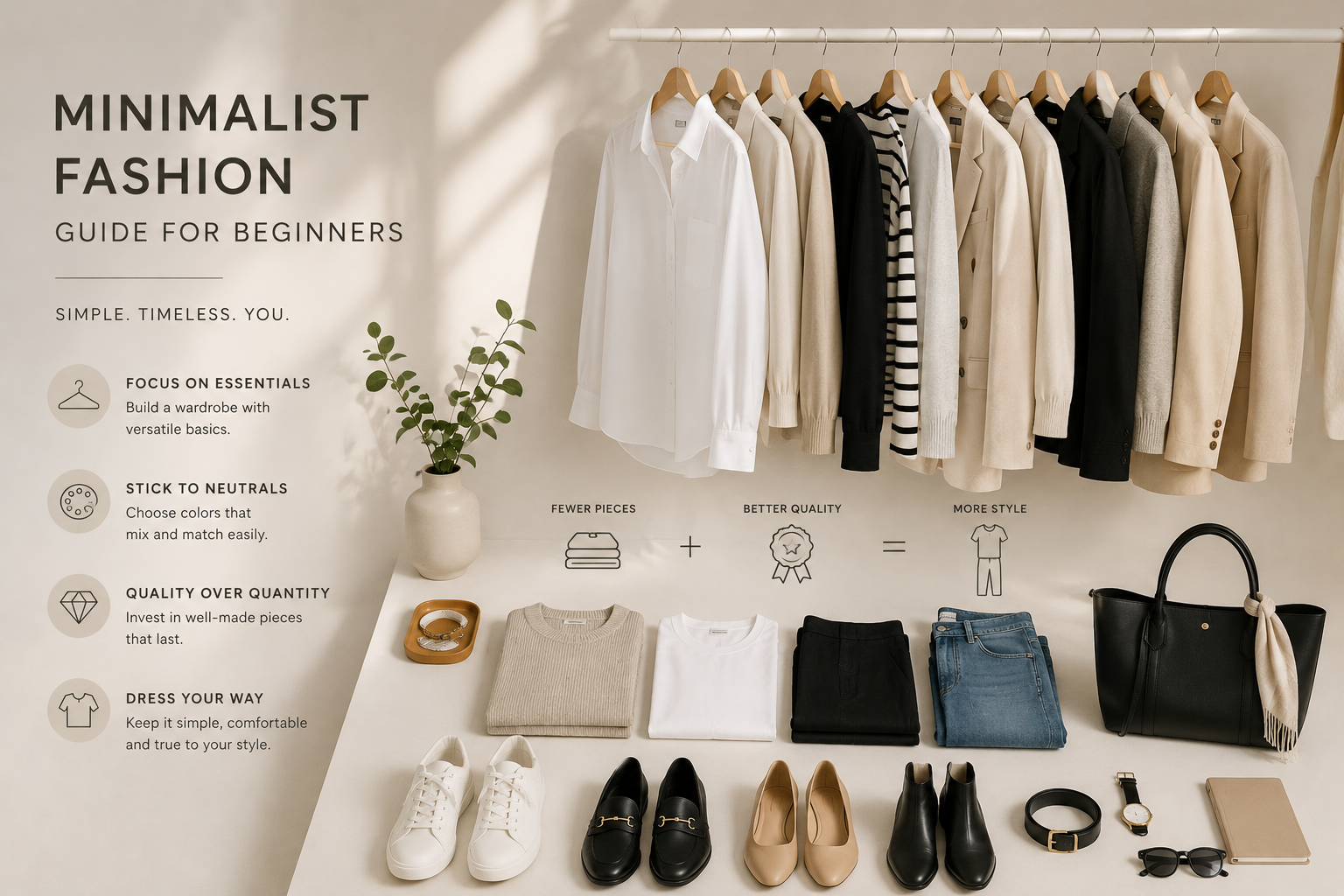 Minimalist fashion wardrobe featuring neutral clothing, timeless essentials, and classic accessories for beginners building a stylish capsule wardrobe.