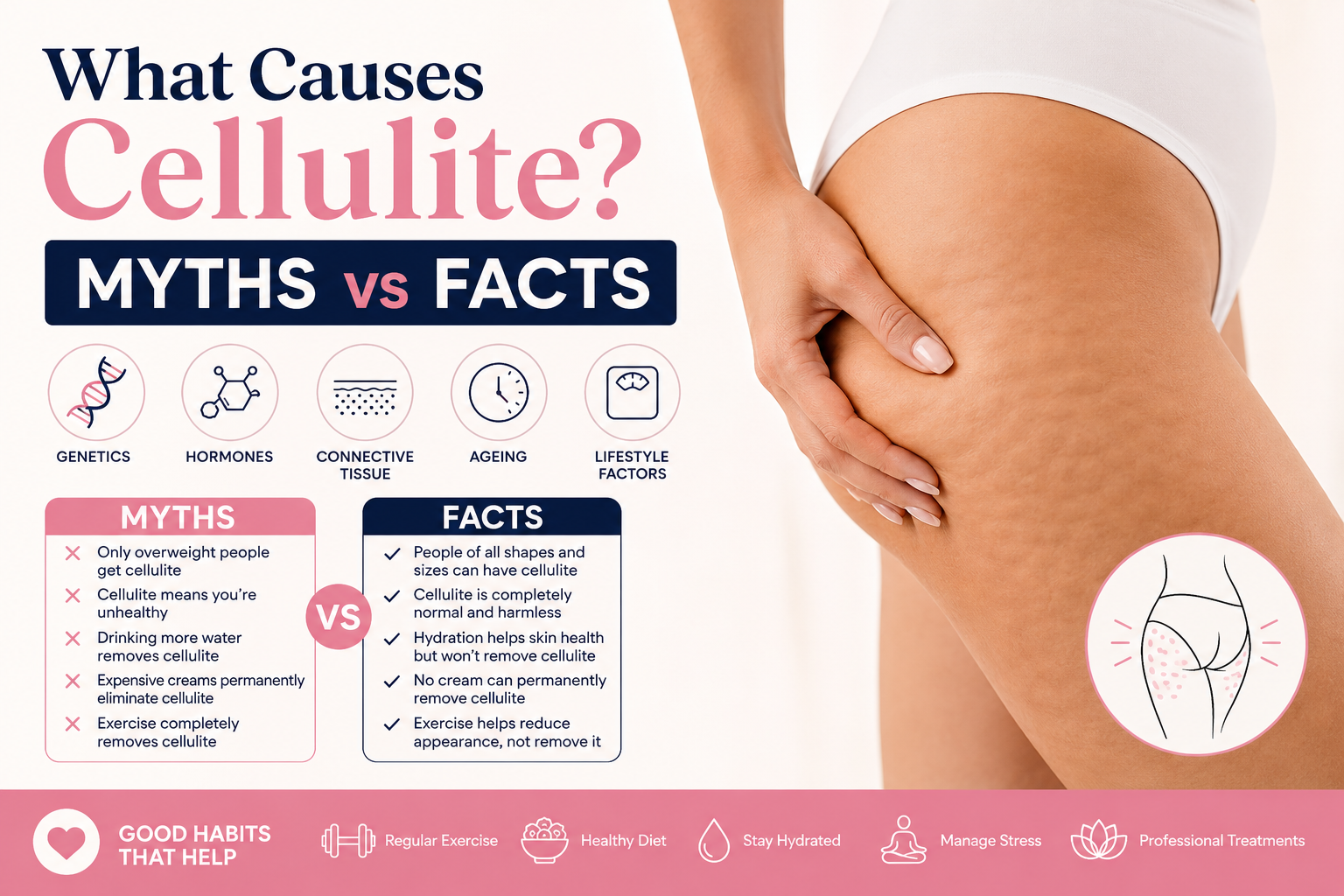What Causes Cellulite? Myths vs Facts infographic explaining the common causes of cellulite and evidence-based facts