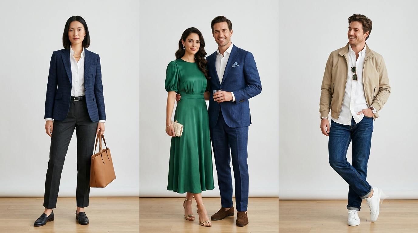 Stylish outfits for work, weddings, and casual events featuring professional business attire,