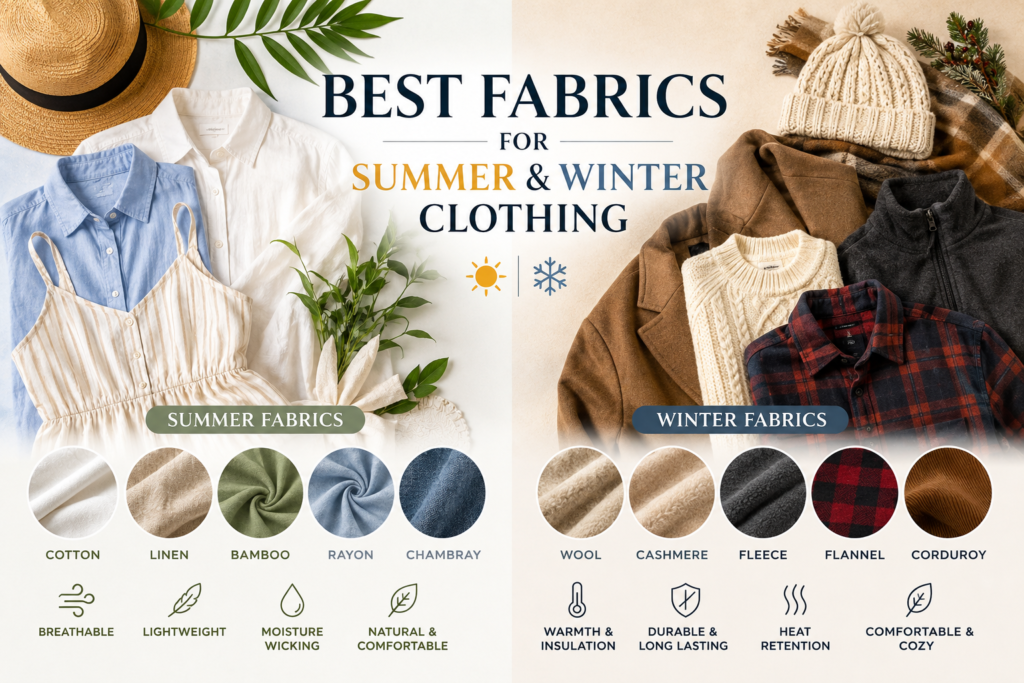 Best fabrics for summer and winter clothing including cotton, linen, wool, cashmere, fleece, and other seasonal fabrics.