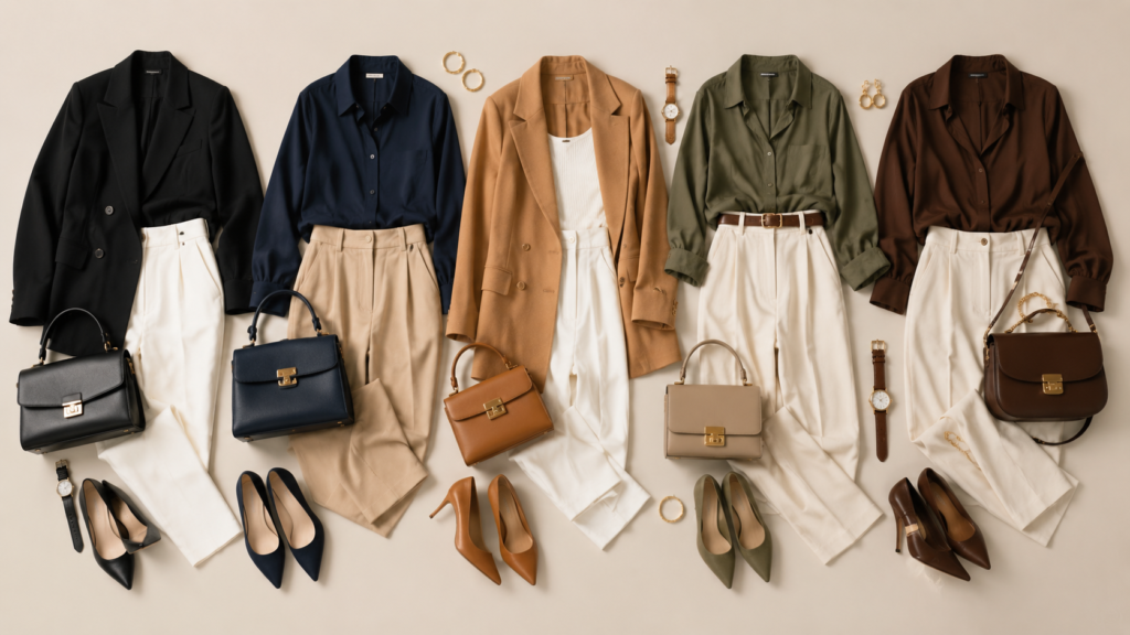 Premium fashion color combinations featuring elegant outfits in black, white, beige, navy, camel, olive, and brown tones for timeless style.
